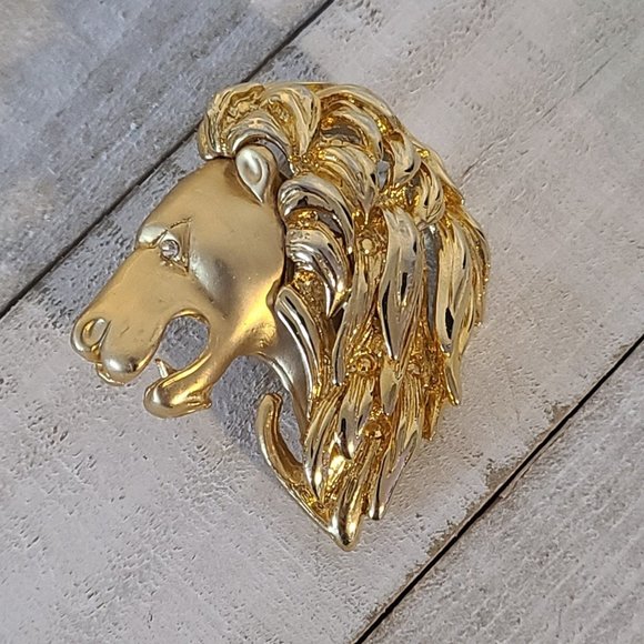 Vintage Lion Head Gold Tone Brooch Pin Rhinestone Eye Leo Zodiac 3d Profile - Picture 8 of 8